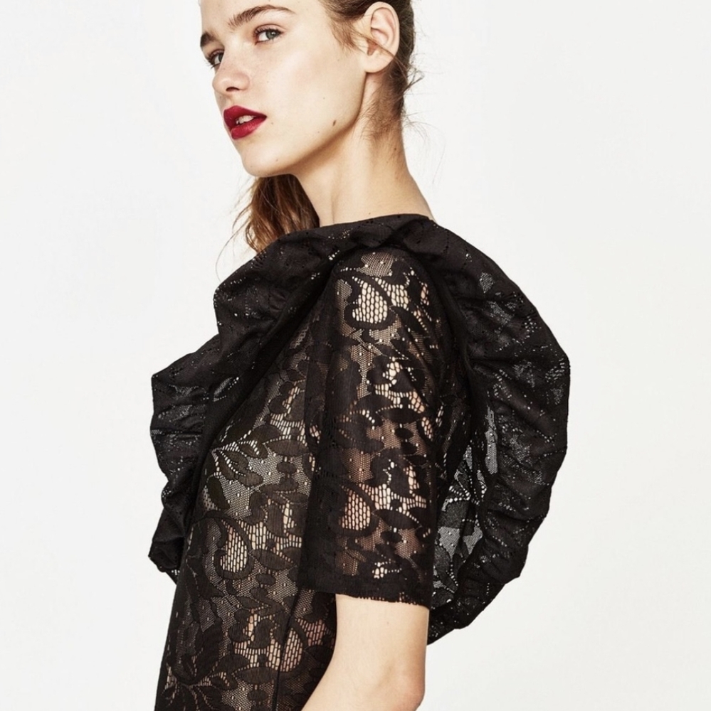 Zara Black Frilled Lace One Shoulder Bodysuit - Picture 1 of 10